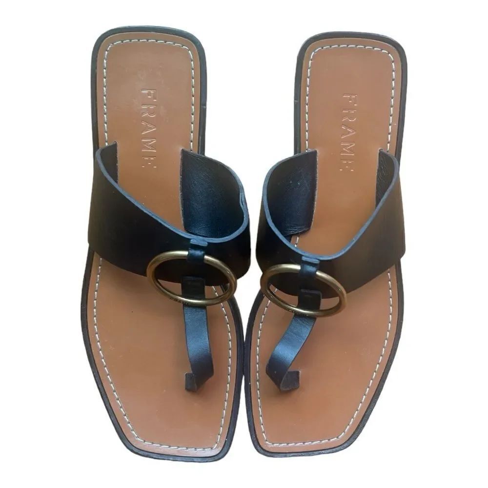 FRAME Minimalist Black Leather Sandals Square Toe Slide Sandals Made in Spain 7